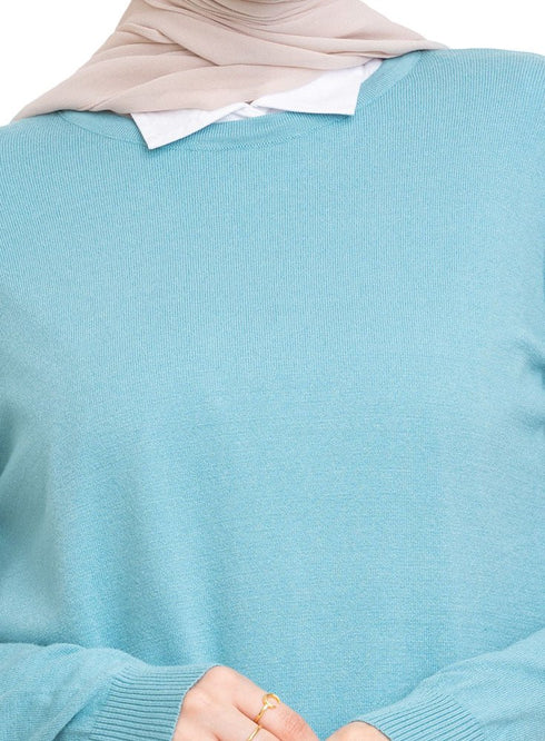 Deep Aqua Round Knit Pullover - Khotwh